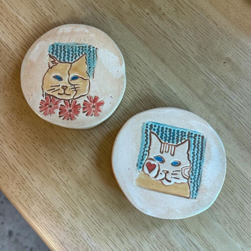 Vintage Handmade Ceramic Cat Coasters Set of 2 Signed Artist Folk Art